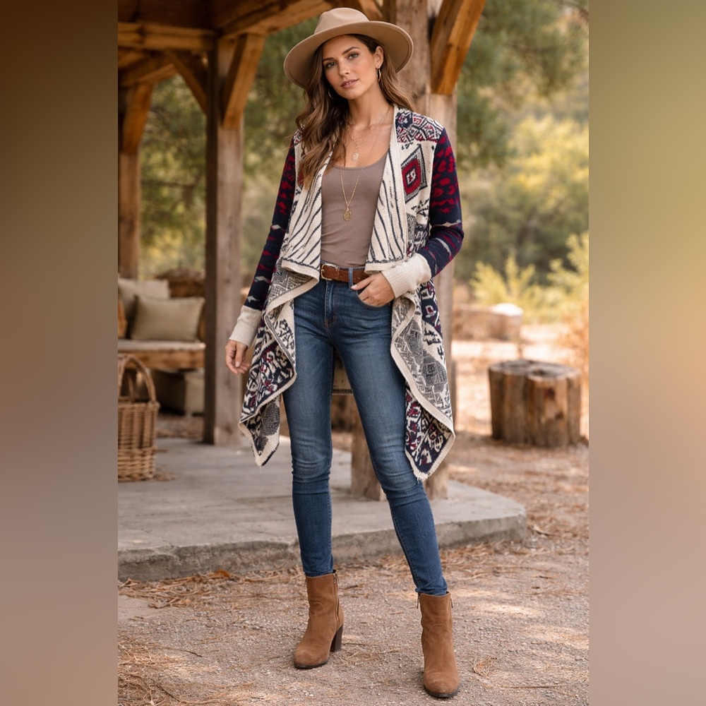Double Zero Tribal Aztec Open Front Cardigan Sweater Medium Boho